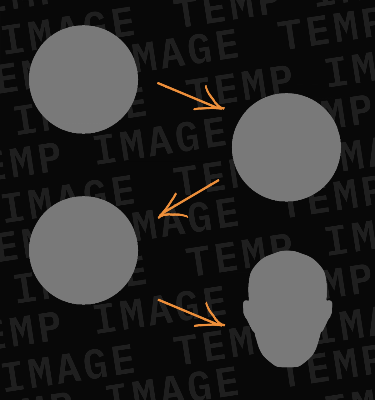 Placeholder diagram (temporary asset) showing a progression from simple geometric forms into a stylized head shape
