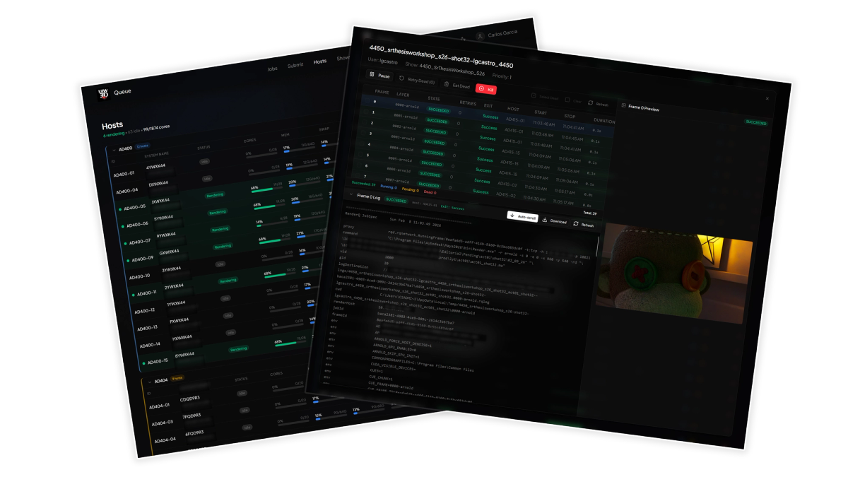 OpenCue job view showing active render jobs