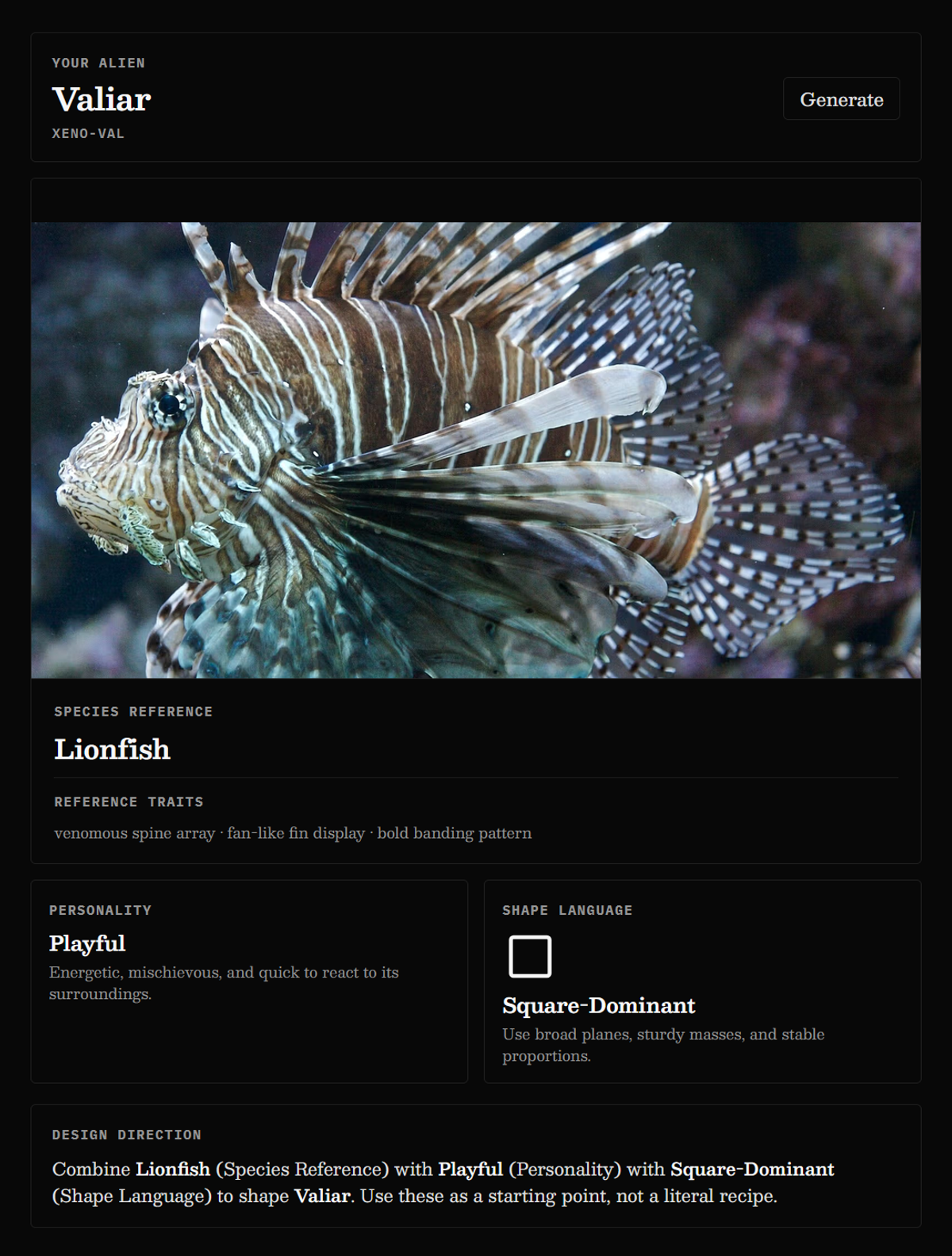 Screenshot of a Xenobiology Generator result card for the alien 'Valiar,' showing a lionfish species reference photo, 'Playful' personality, and 'Square-Dominant' shape language with a design-direction summary