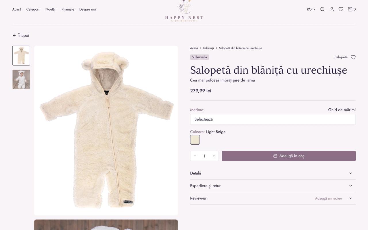 Product page for a fleece overall with ears: photo gallery, size select, color swatch, quantity and add to cart, and details, shipping and reviews tabs