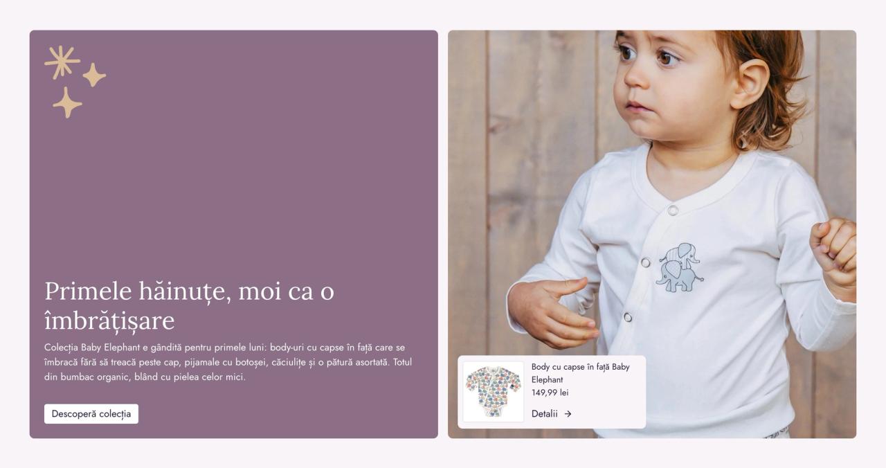 Editorial panel for the Baby Elephant newborn collection next to a photo of a toddler, with a linked product card