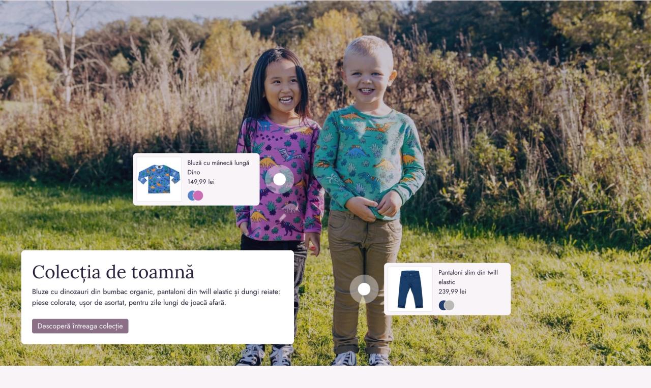 Shop the look section: two children in dinosaur print tops, with hotspots that open product cards for the top and the trousers