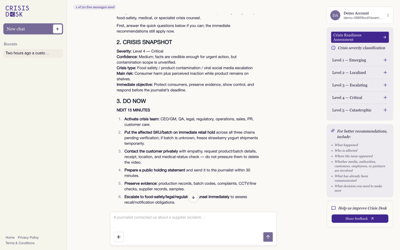 Crisis Desk's answer: a crisis snapshot rated Level 4, Critical, followed by the steps to take in the next 15 minutes