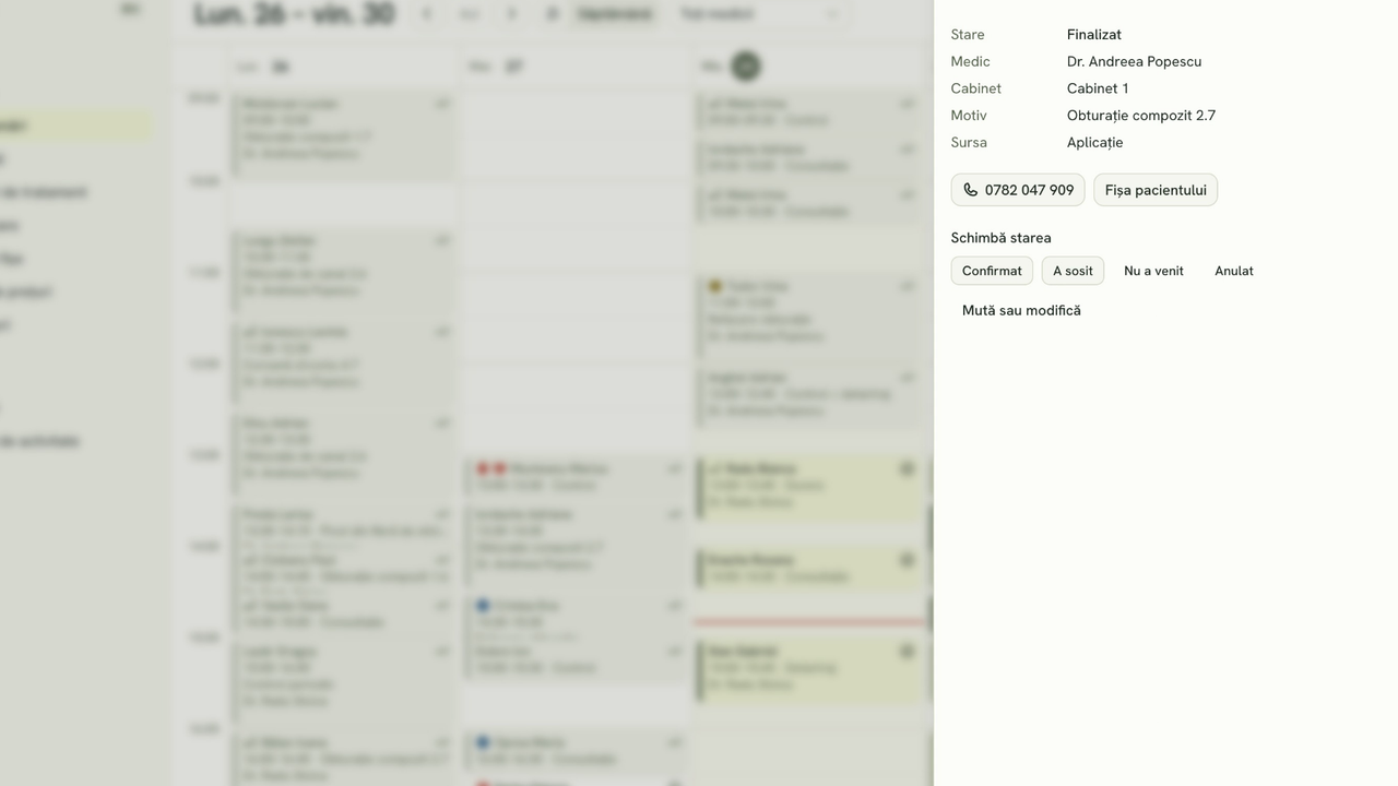 A booking opened from the calendar, with its status, doctor, room and reason