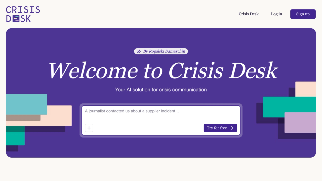 The crisisdesk.ai home page: Welcome to Crisis Desk, your AI solution for crisis communication, with a box to describe a crisis
