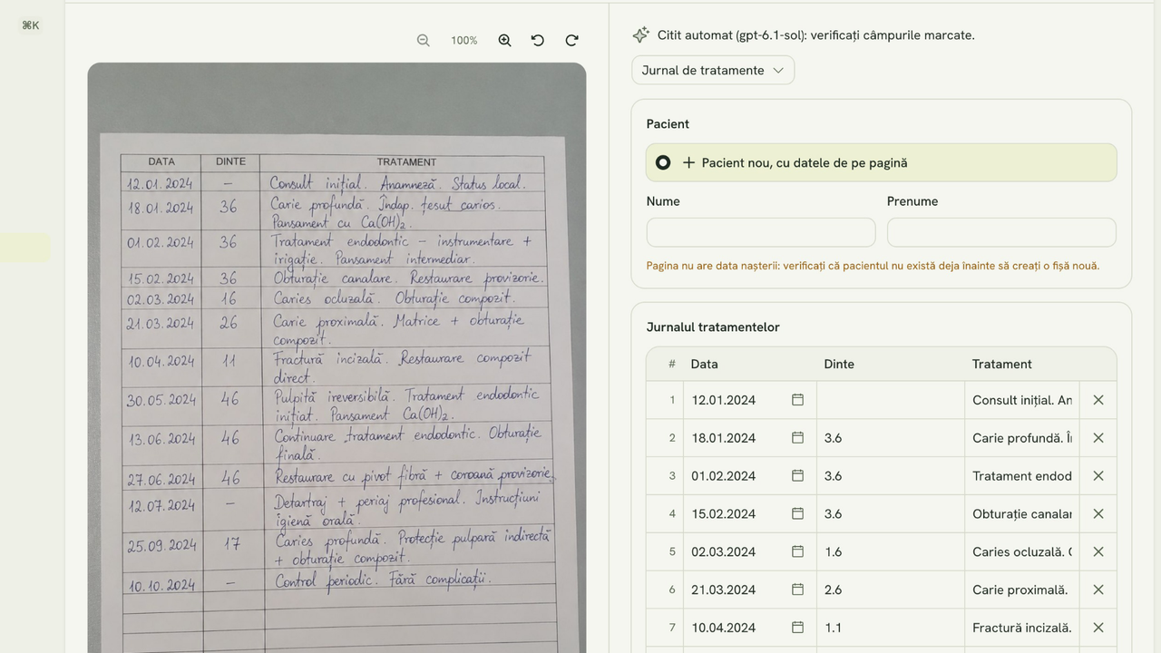 A handwritten treatment log next to the rows the AI read from it