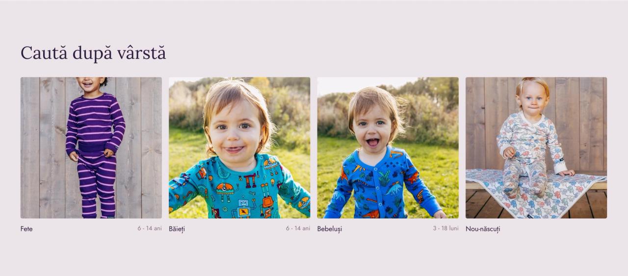Shop by age section with four photo tiles: girls, boys, babies and newborns, each with its age range