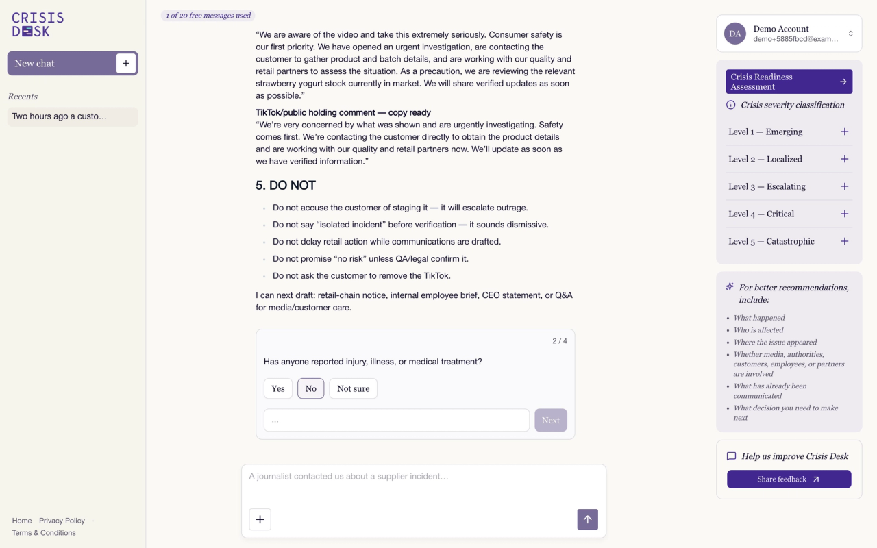 A follow-up question card asking whether anyone has reported injury, with Yes, No and Not sure answers
