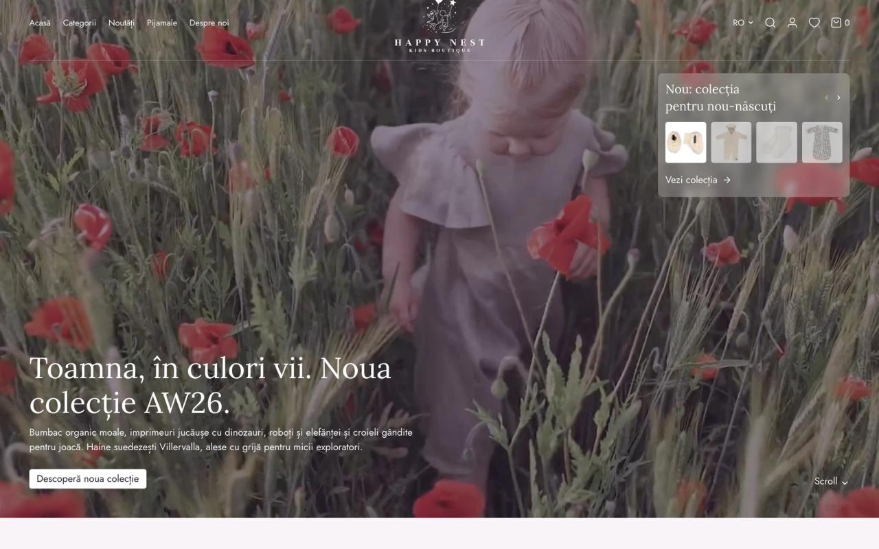 Happy Nest homepage: a child walking through a poppy field, with the AW26 collection headline and a new arrivals card for newborns