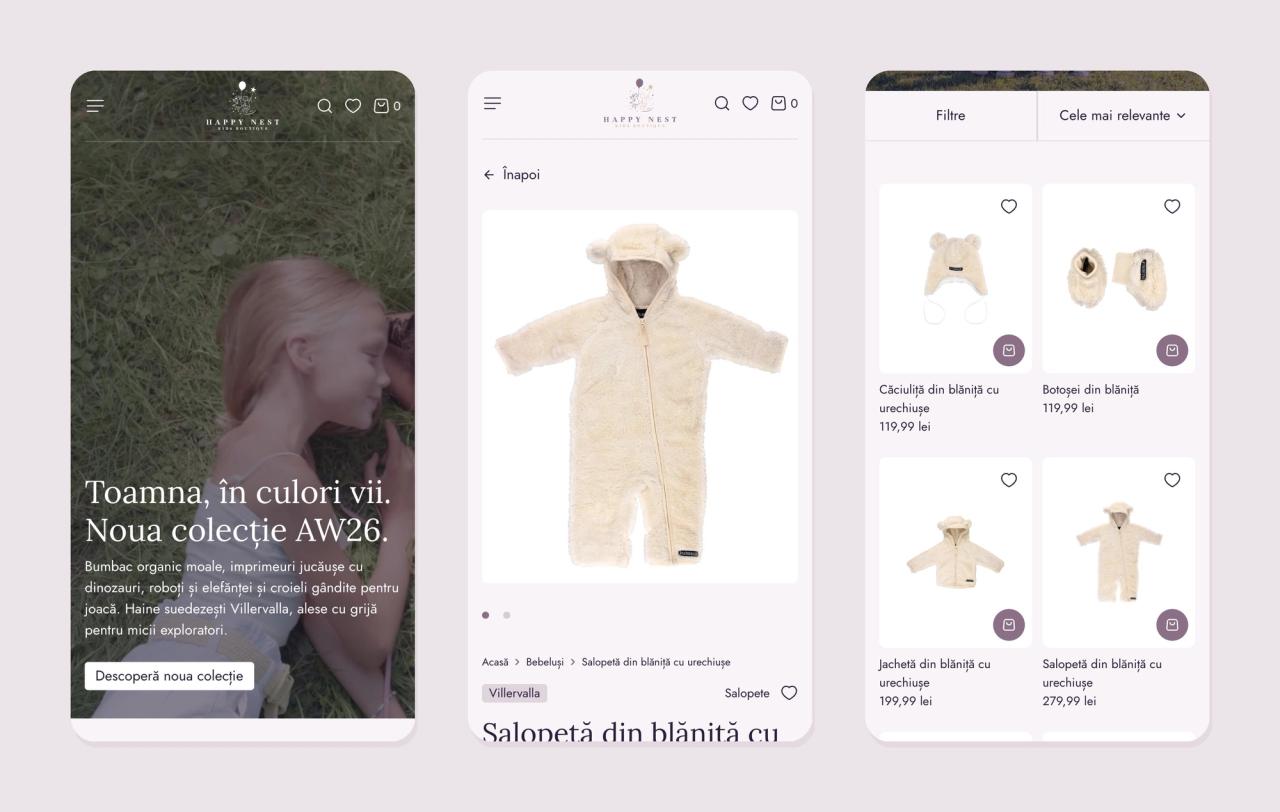 Three phone screens: the homepage hero, a product page with a sticky add to cart bar, and a two column product grid