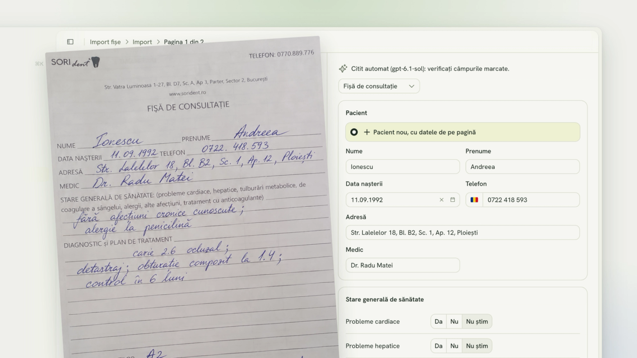 A handwritten SORIdent consultation sheet next to the app's review screen, with the patient's name, birth date, phone and address read from it