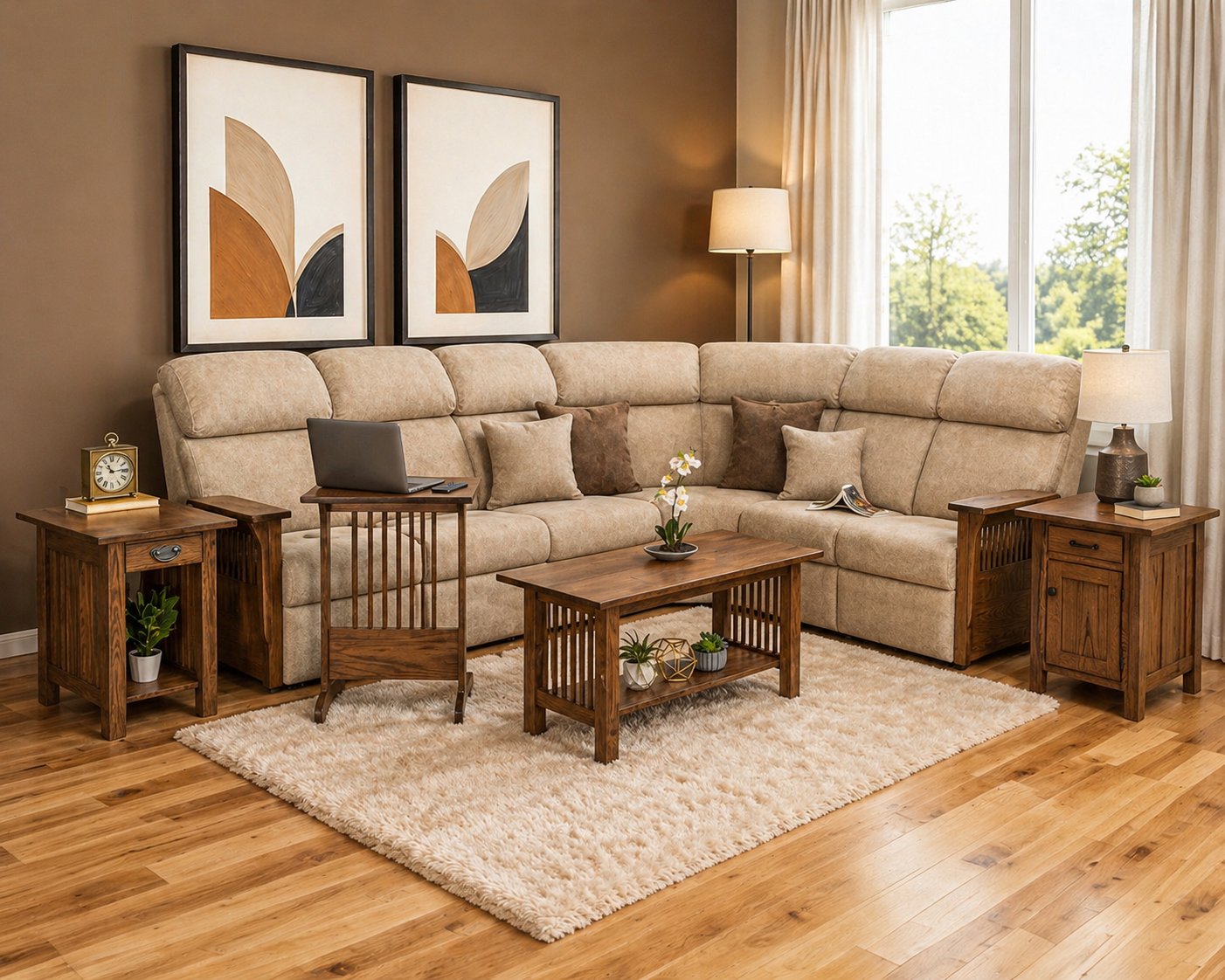 Warm living room with hardwood furniture