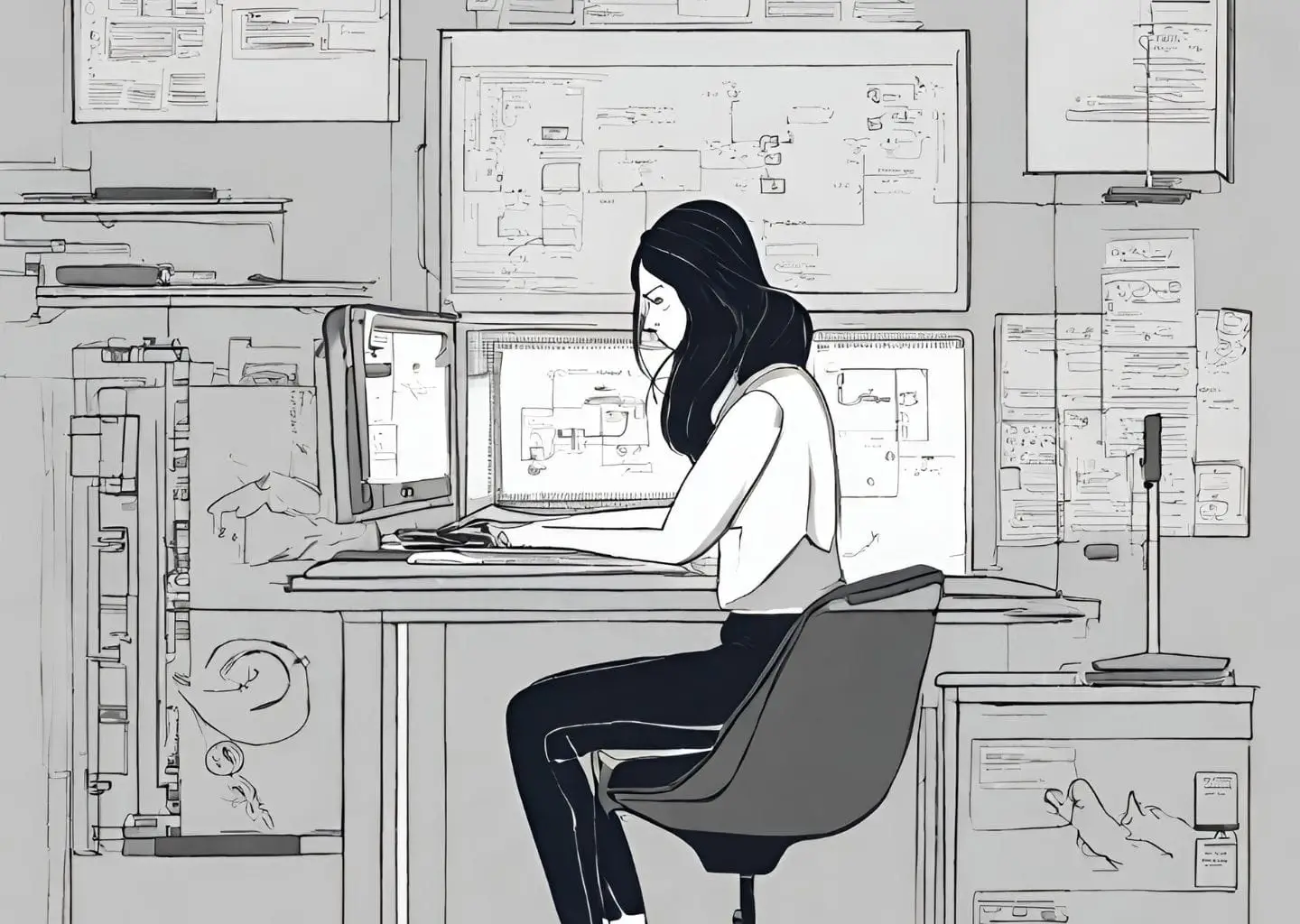 black and white illustration of woman working at desk, surrounded by technical sketches