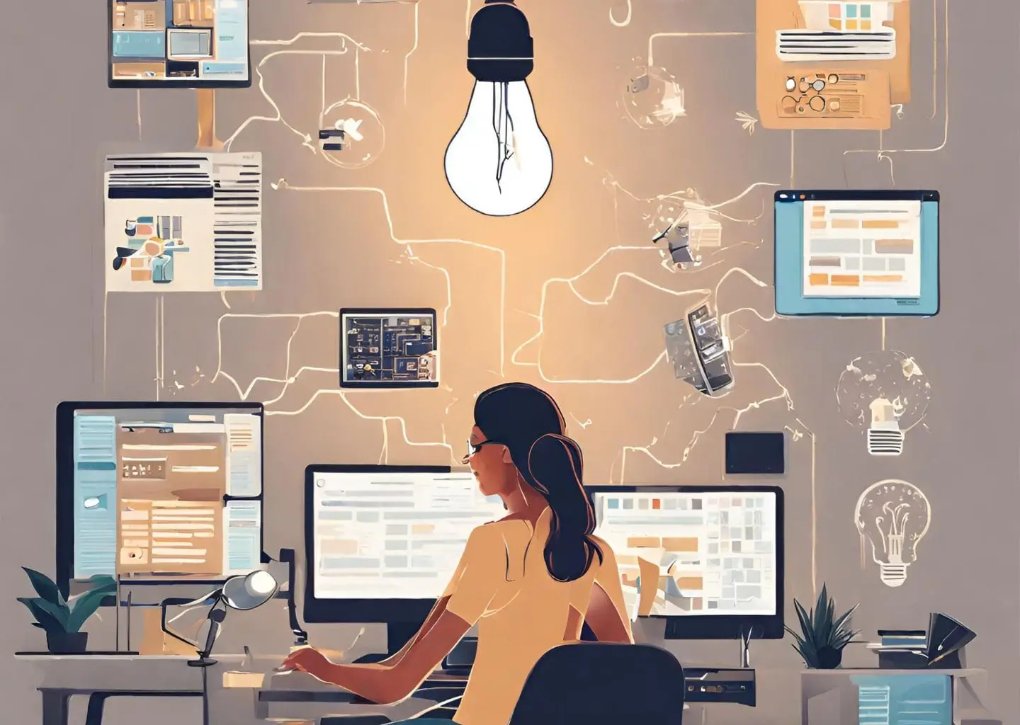 woman working on computer surrounded by different screens and lightbulb above head