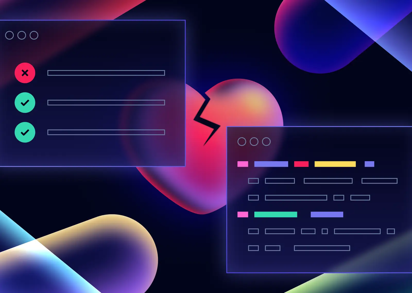 Illustration of broken heart, testing on one side and code on the other