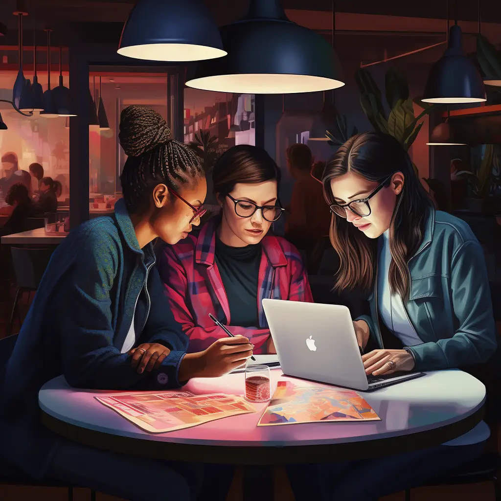 Illustration of three women working at a small table, woman on right has a Mac laptop