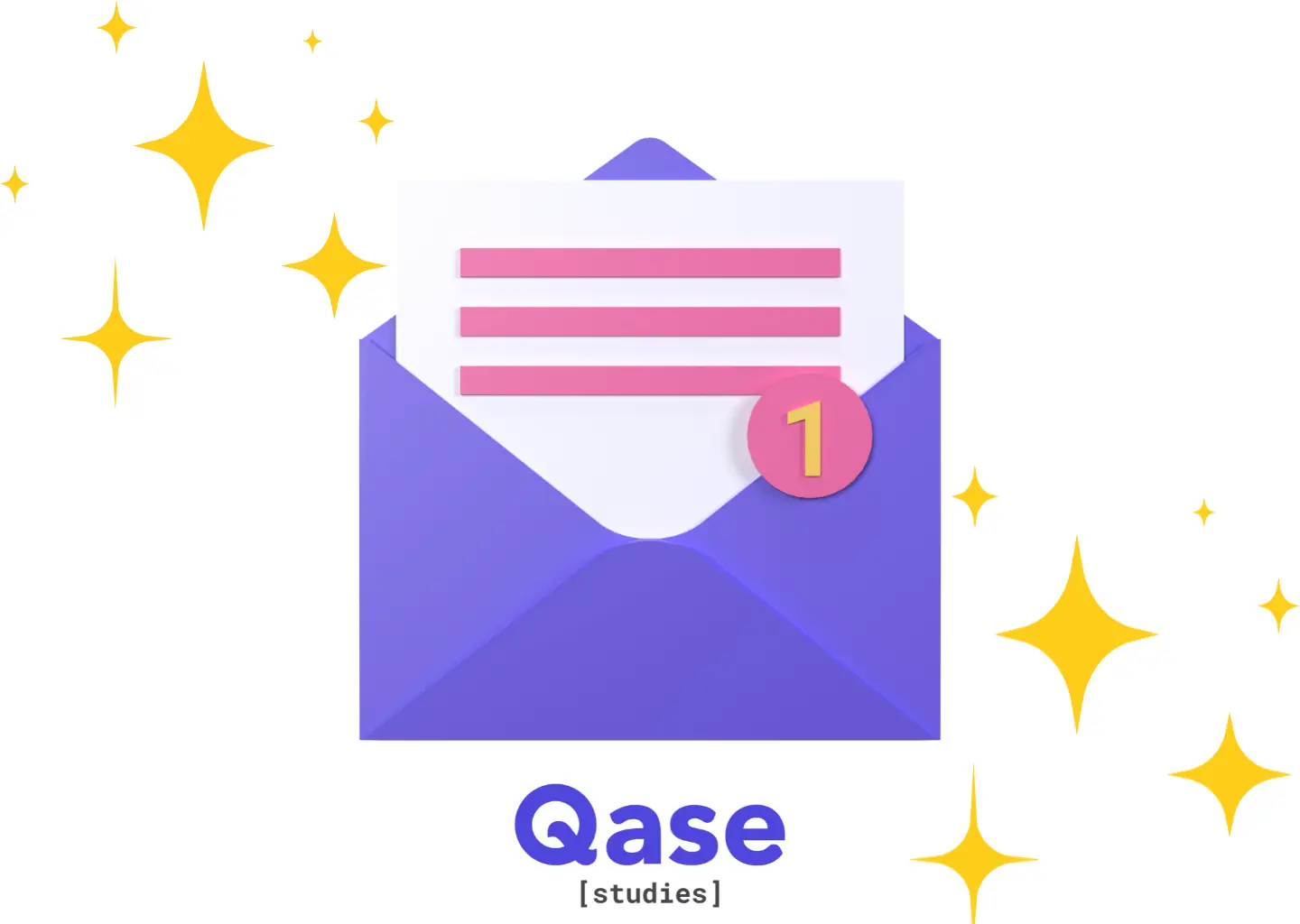 Illustration of purple envelope above "Qase Studies" surrounded by sparkles