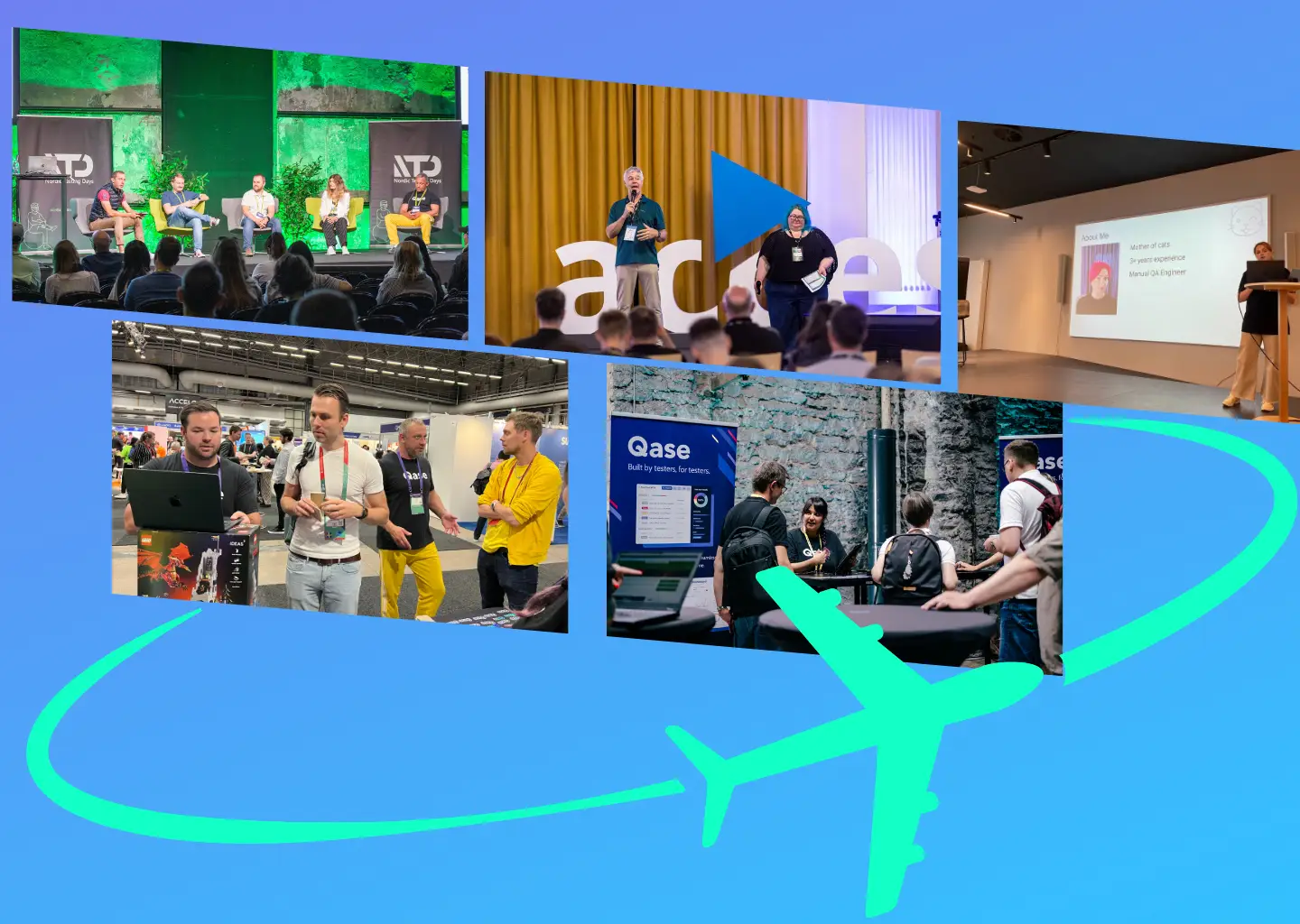 5 photos of Qase team members at various events with illustration of a plane