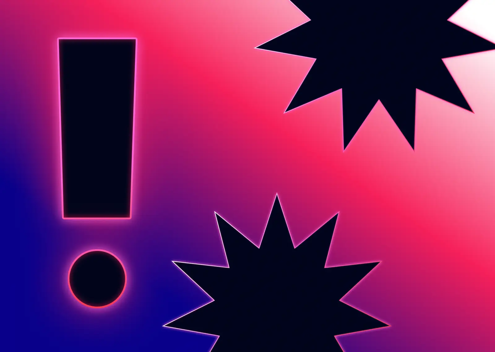 Violet to magenta gradient with neon glow icons of an exclamation point and two blast-style stars