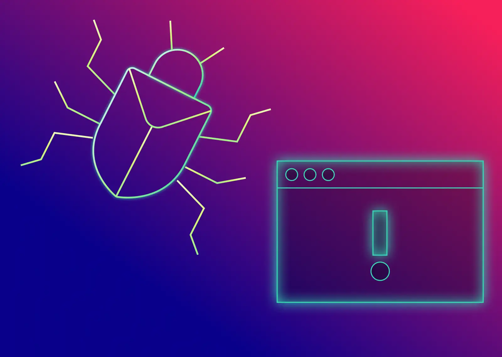 Illustration of bug and exclamation point on a screen