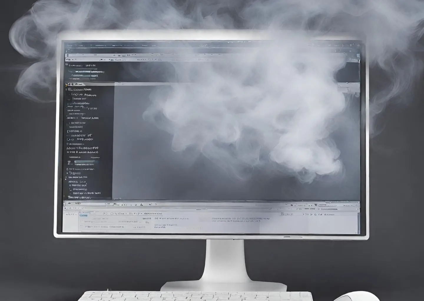 Computer screen with software application open, surrounded by smoke