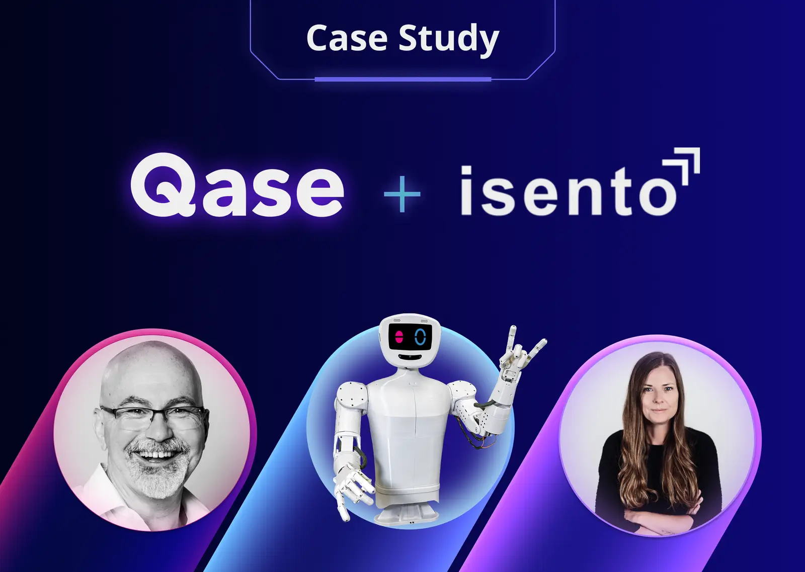 Text: Case Study, Qase + isento. Photos of Christian Brandes, Anika Danner, and pib humanoid robot