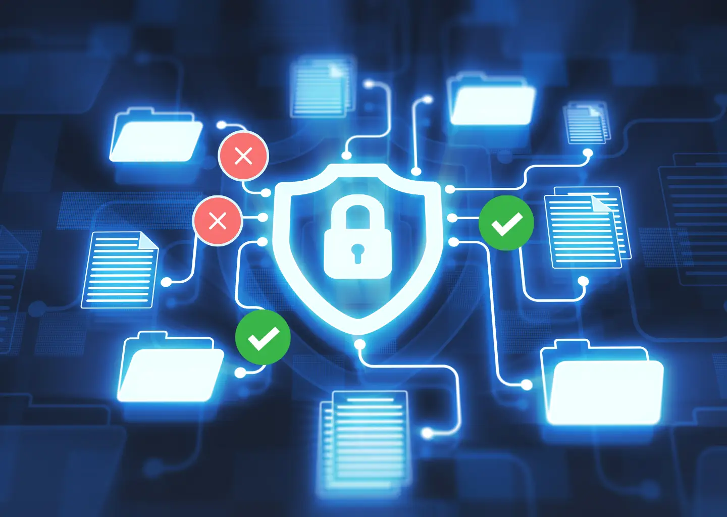 Blue neon system connecting various folders, some marked with red X and others with green checkmark