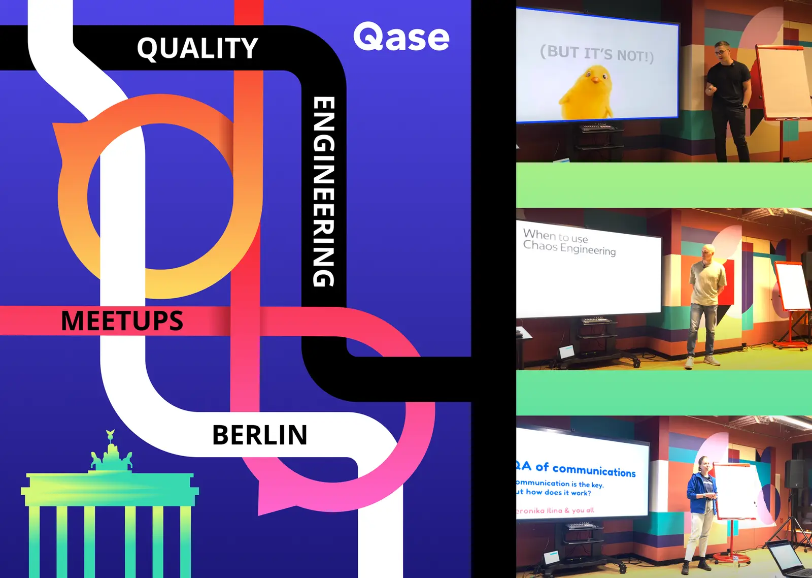 Photo collage of talks from Quality Engineering Meetup in Berlin
