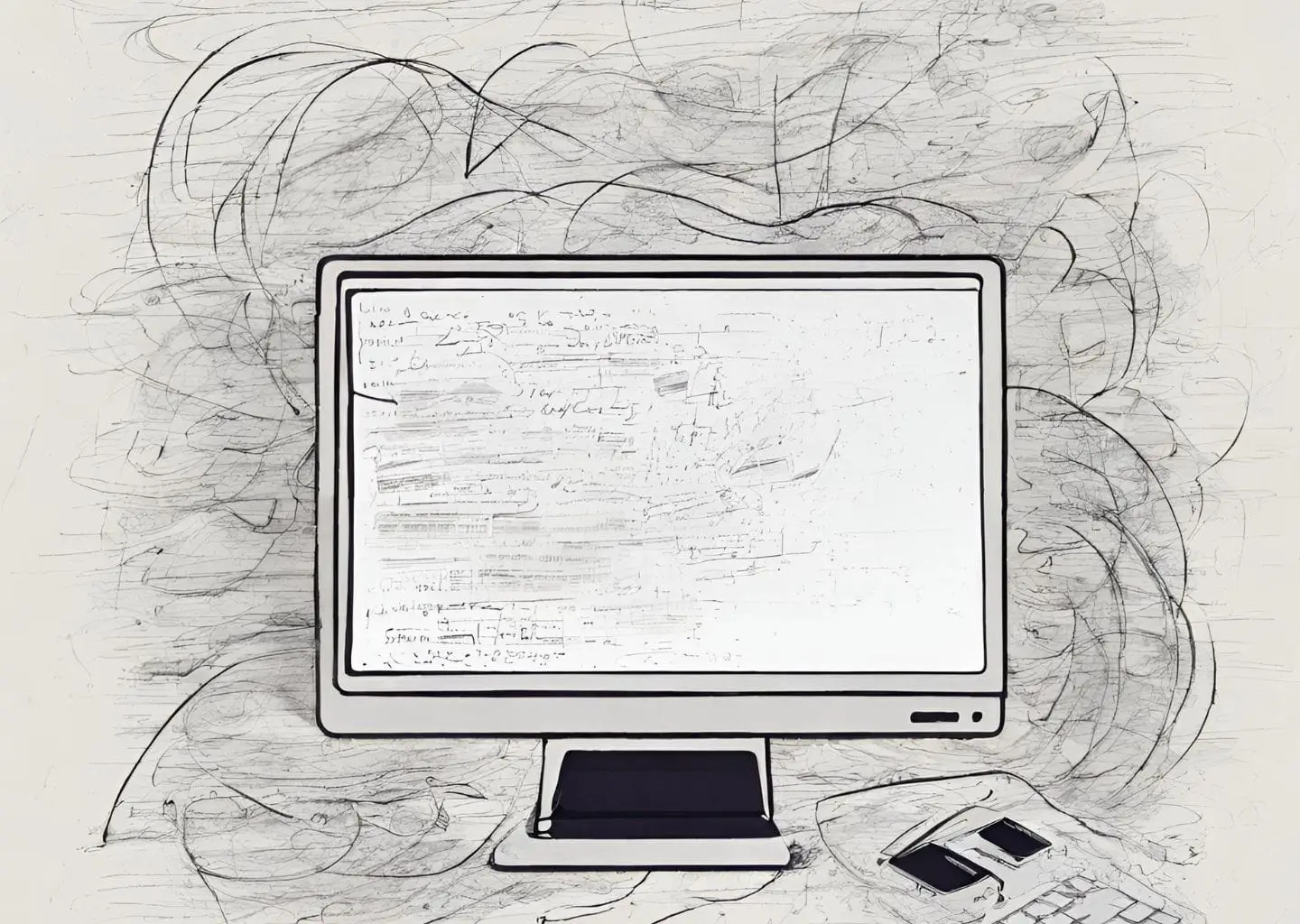Black and white illustration of computer monitor covered and surrounded by scribbles
