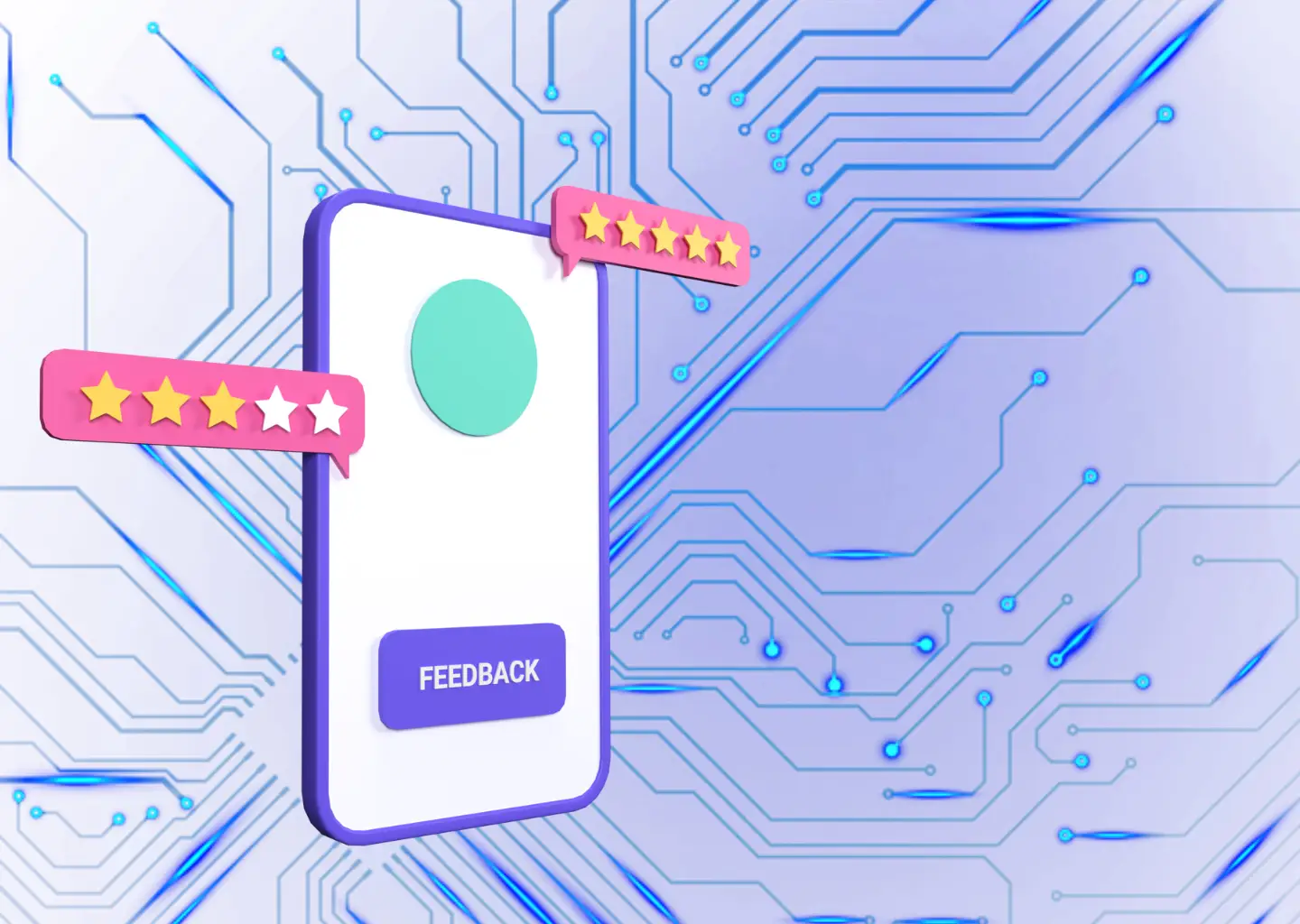Purple and blue background showing a network. Illustration of a phone, speech bubbles showing 3 and 5 stars