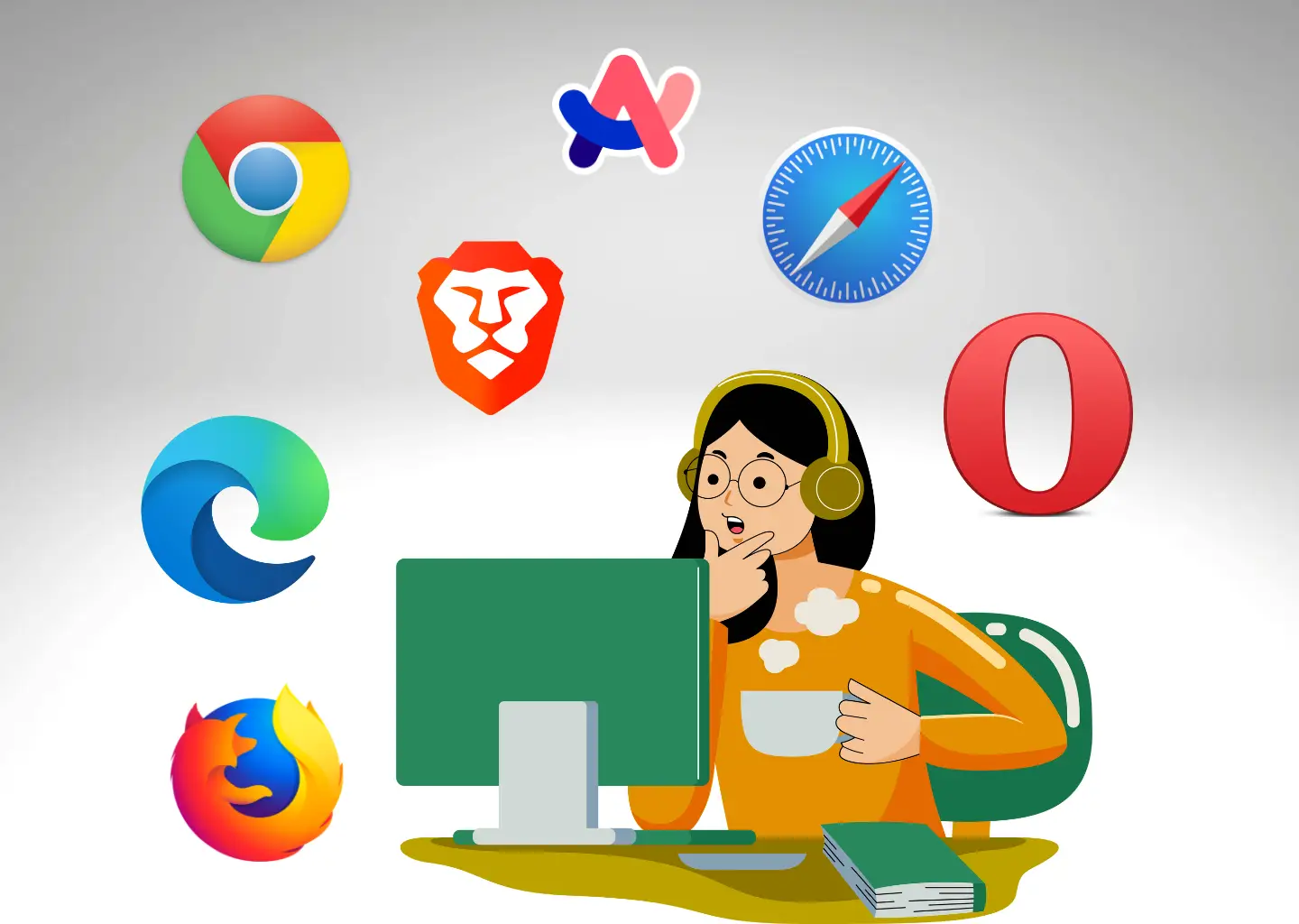 Illustration of woman looking at computer surrounded by browser logos: firefox, chrome, edge, brave, arc, safari, opera