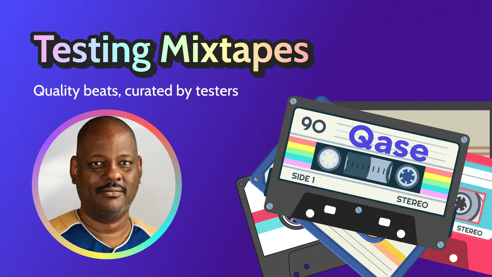 "Testing Mixtapes: Quality beats, curated by testers" above photo of Eric and illustrated cassette tapes