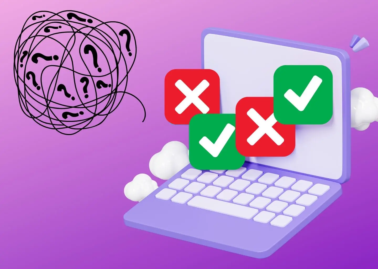 Laptop with a mix of pass/fail results next to a jumbled mass of question mar