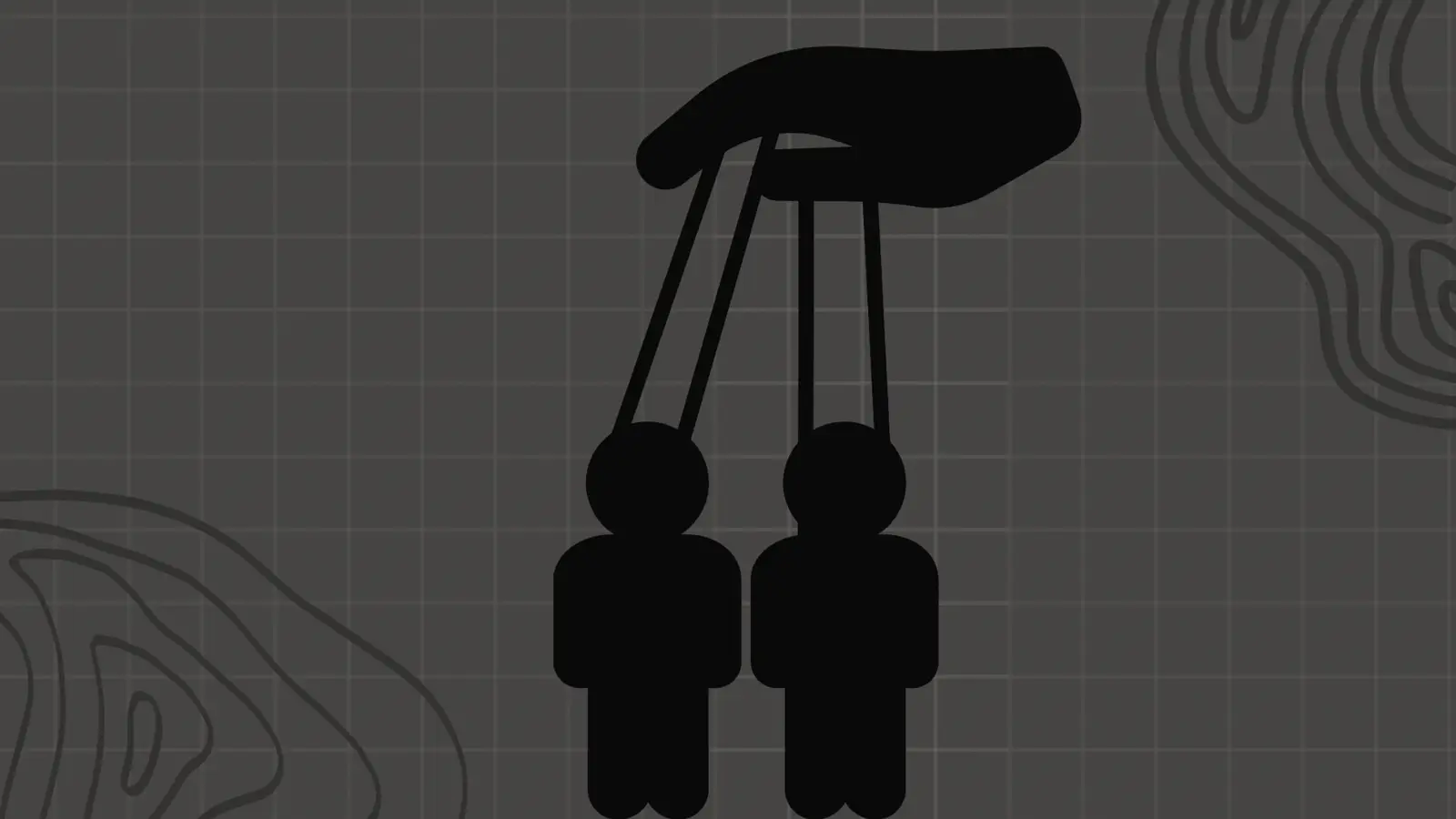Gray and black illustration of two people being controlled through puppet strings