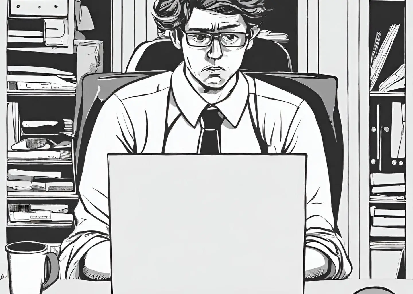 Black and white illustration of a serious person working on a computer