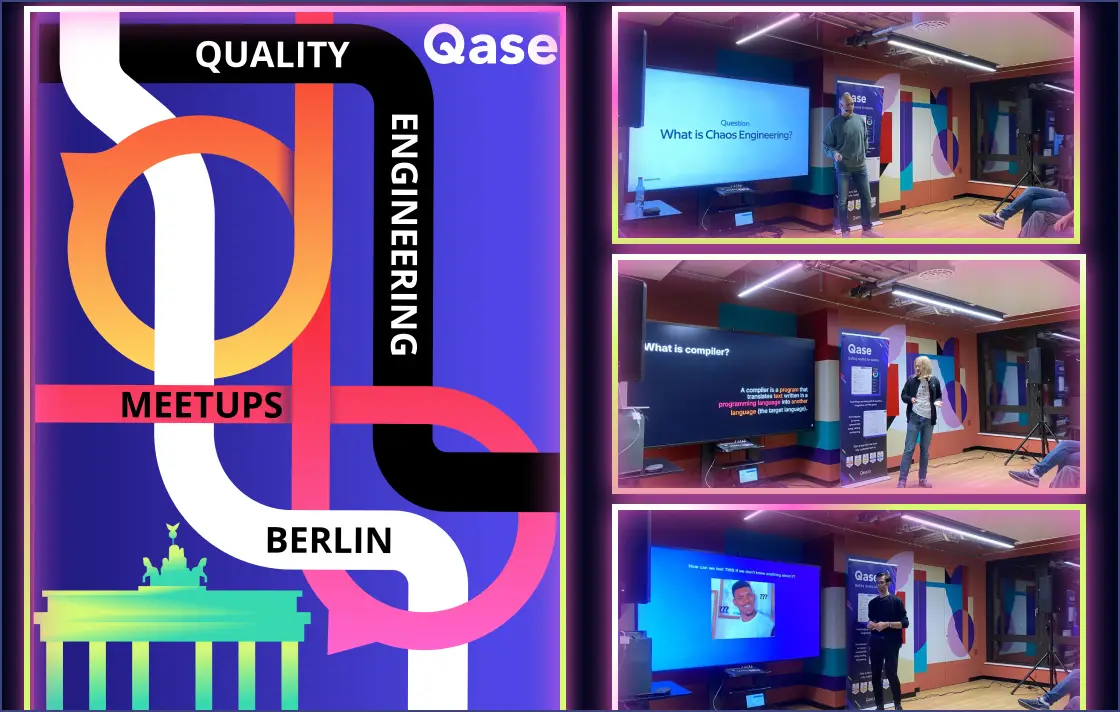 Photo collage of 3 presenters in front of projection screen and Qase banner