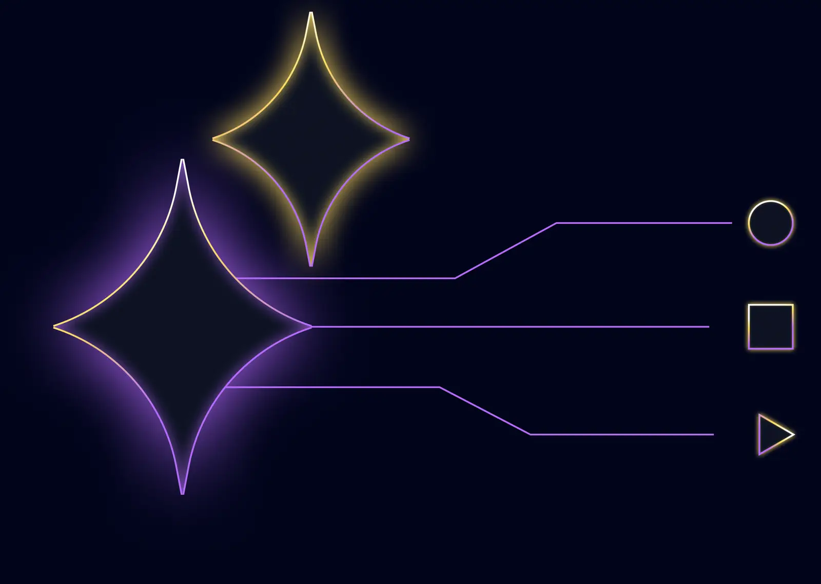 Illustration of glowing stars and three different lines leading to a circle, square, and triangle