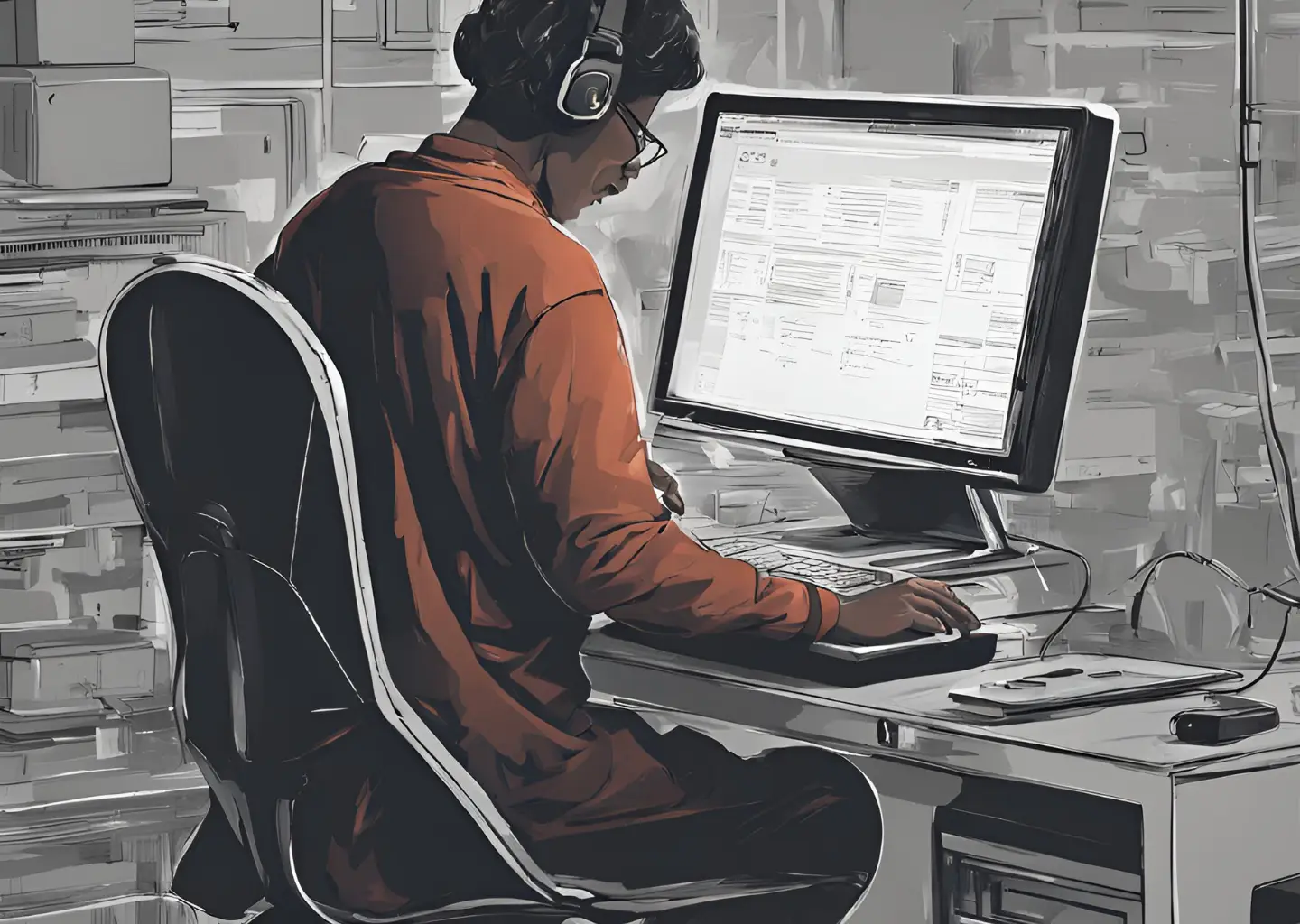 Black and white illustration o person working on computer