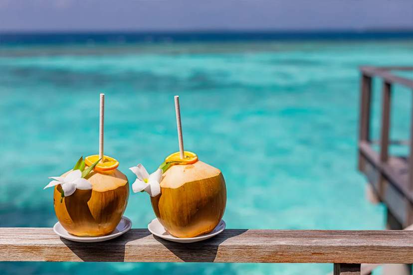 Fresh coconut drinks with flowers and citrus served overlooking turquoise Caribbean Sea during romantic beach getaway