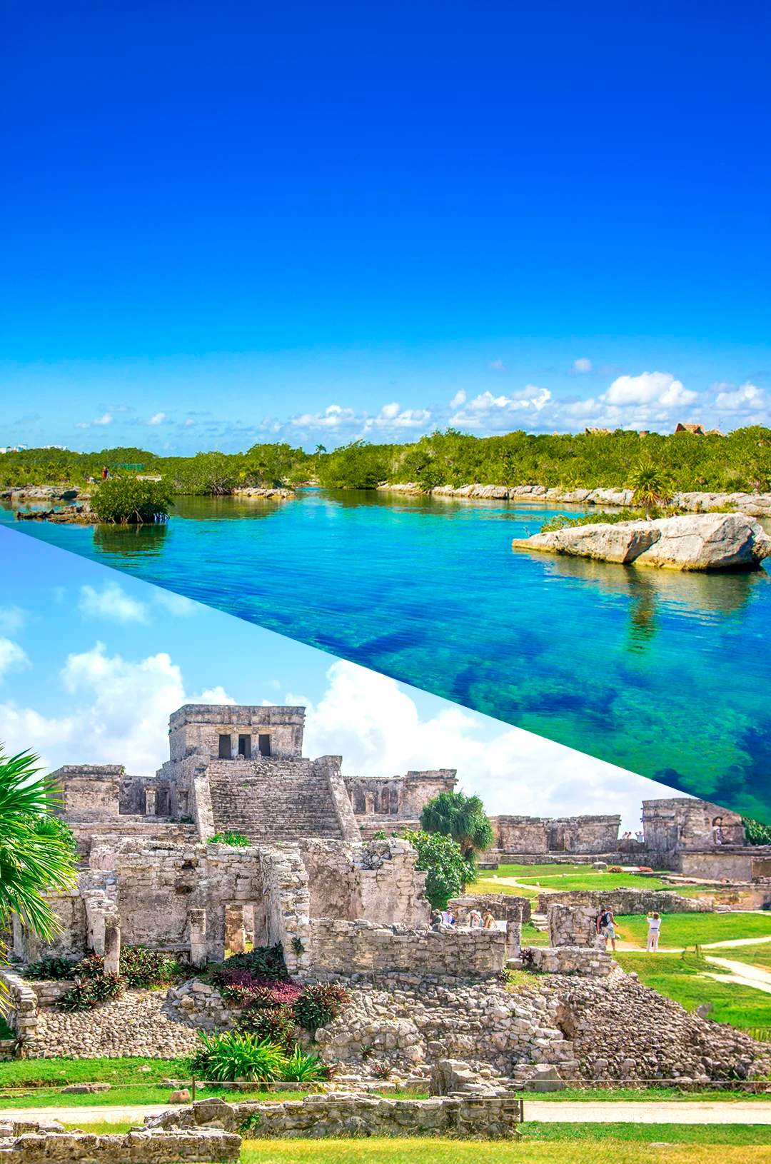 Cancun package tour that combines a Tulum ruins tour and snorkeling at the Yal Ku lagoon.