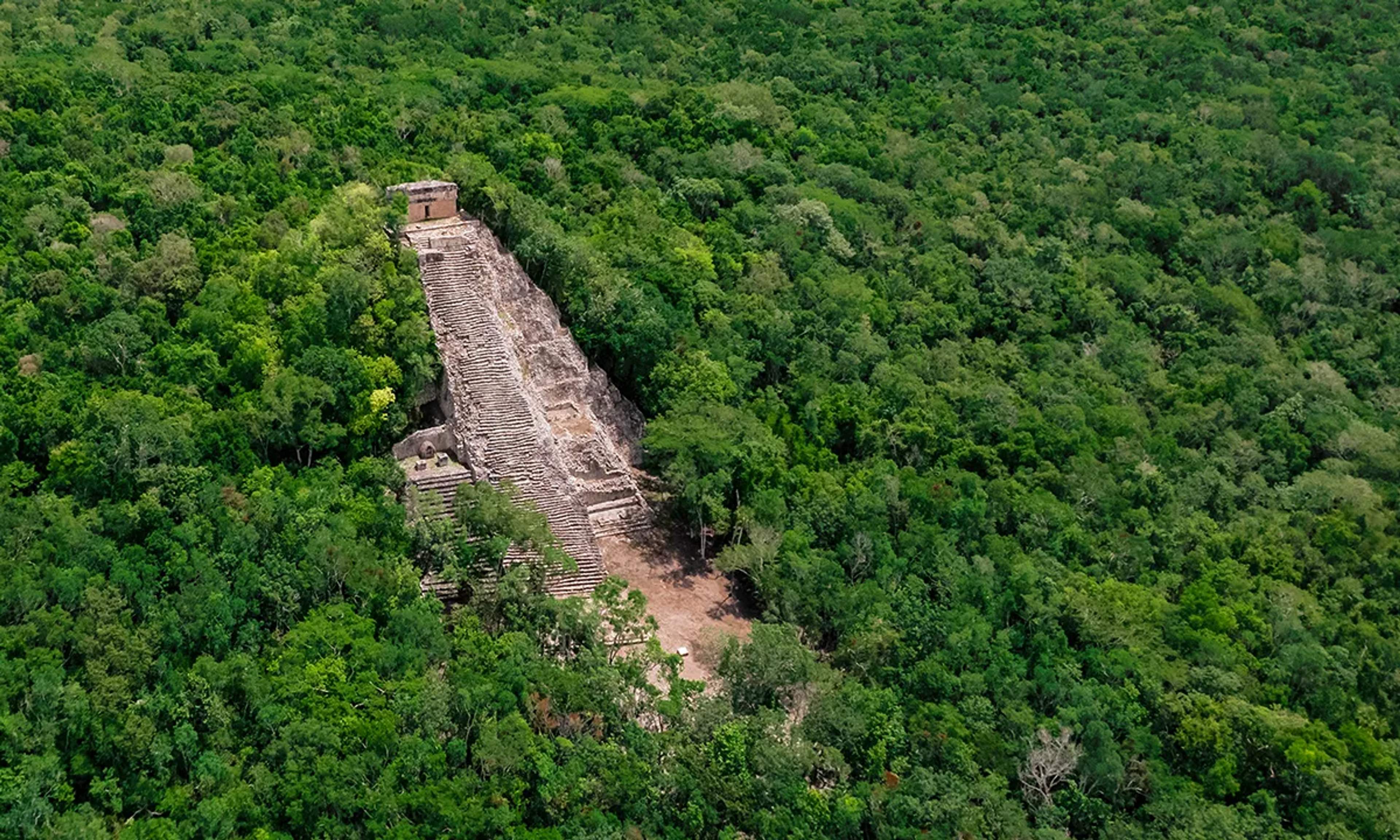Aerial view of a tall ancient stone pyramid surrounded by dense green jungle, highlighting its secluded location.