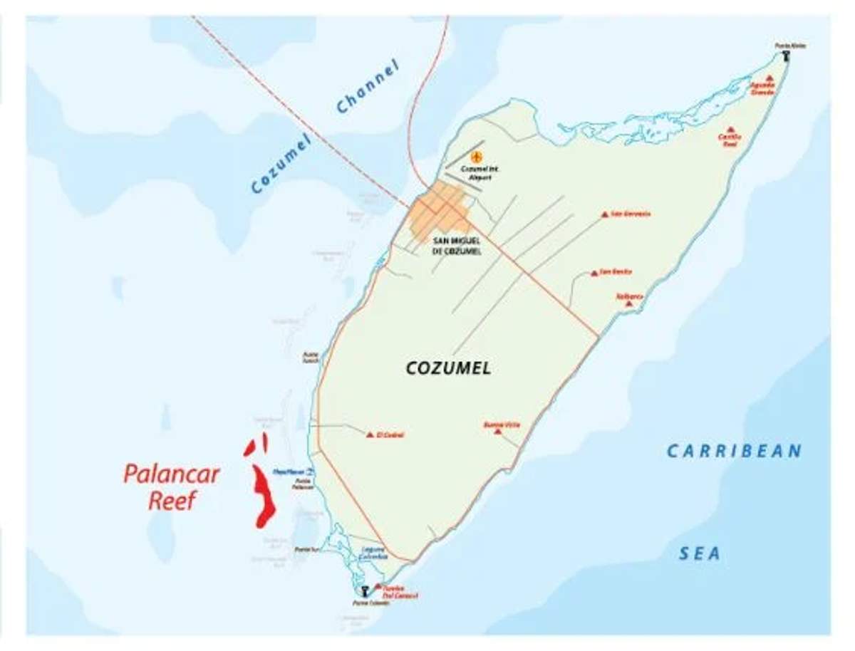 Map showing Palancar Reef's location off the southwest coast of Cozumel.