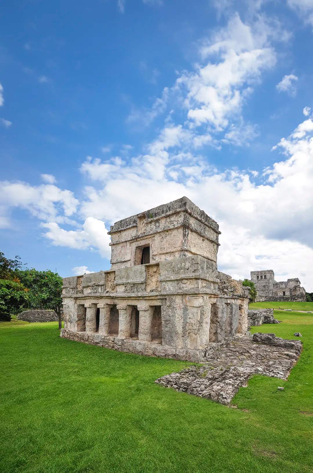 Side view of a temple in the ancient Mayan ruins of Tulum.