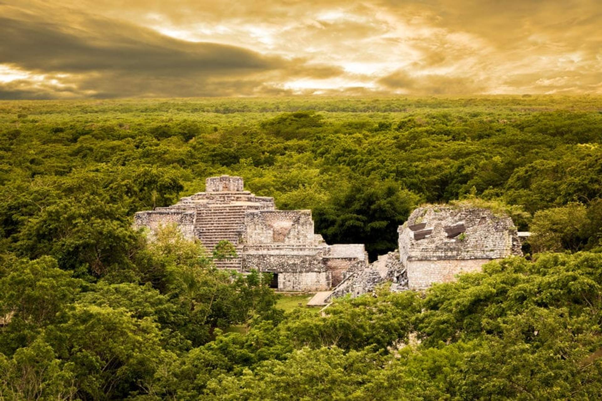 Ancient Mayan ruins of Ek Balam surrounded by dense green jungle, with a dramatic golden sky in the background.