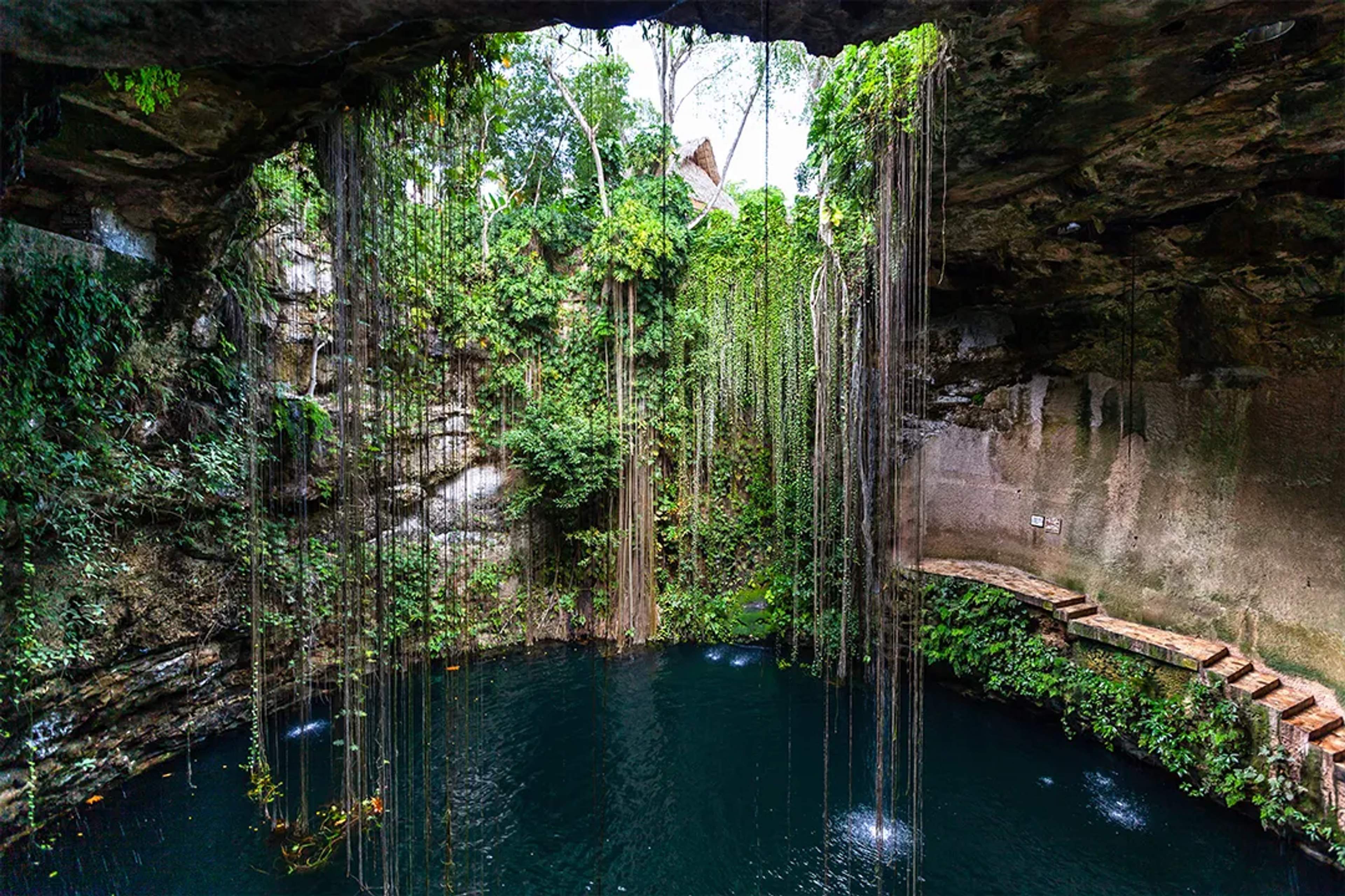 Cenote Ik Kil con lianas colgantes, paredes de piedra y agua azul profunda en Yucatán