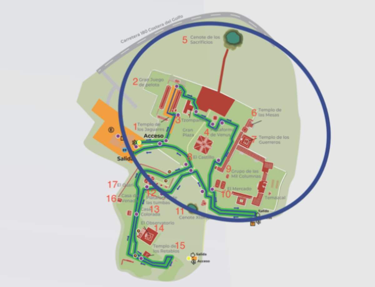 Map of Chichen Itza highlighting the Great North Platform area, including El Castillo and the Temple of the Warriors.