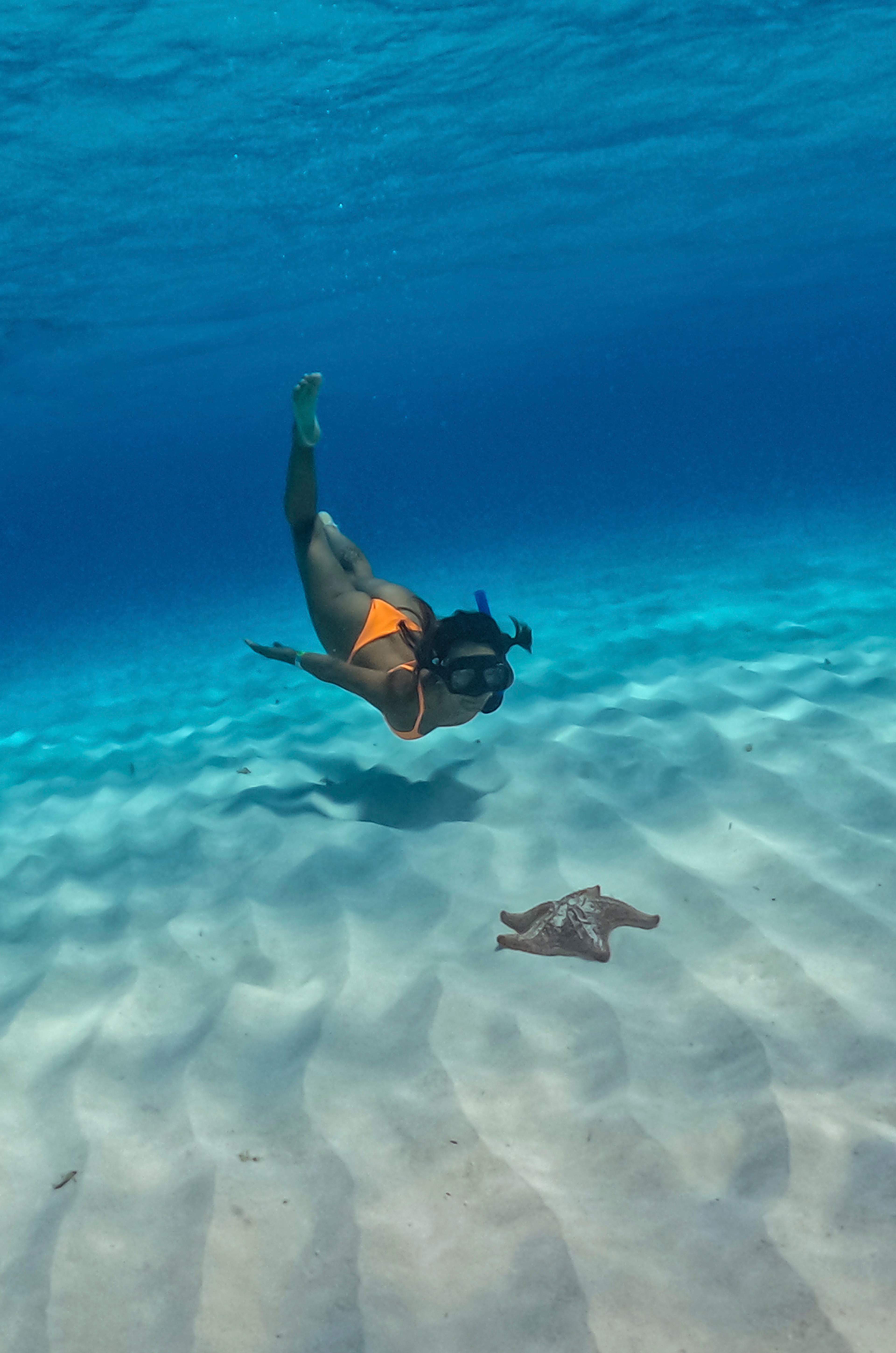 Mujer practicando snorkel sobre arena y estrella de mar en aguas turquesa del Caribe