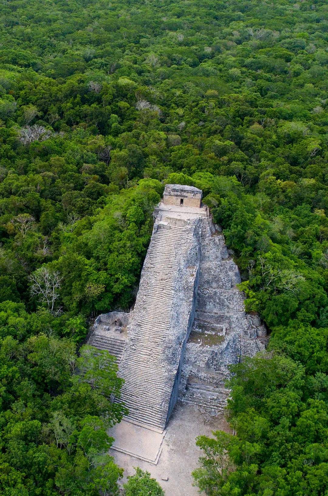 Coba ruins, aerial view of an ancient Mayan pyramid surrounded by dense green jungle.