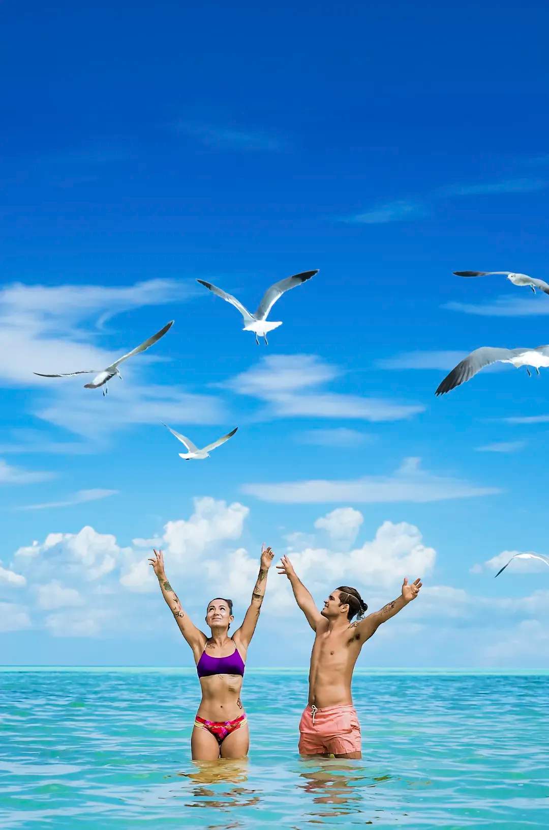 Couple in swimwear standing in shallow ocean water with arms raised, surrounded by seagulls