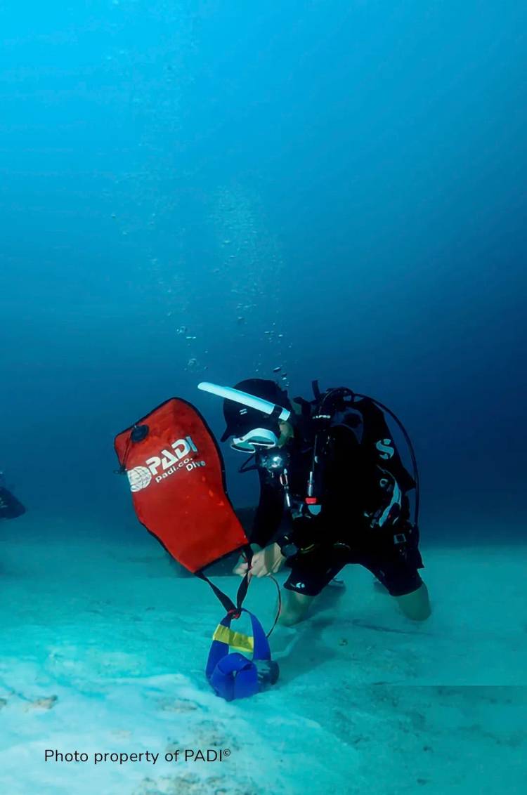 Buzo practicando las habilidades de Búsqueda y Recuperación durante una certificación PADI Advanced Open Water en Cancun